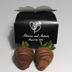 Chocolate Strawberries | 2-piece box - Two fresh extra large strawberries are dipped in pure milk, dark or white chocolate and decorated in contrasting drizzle.   Packaged in a two-piece box and personalized with your choice of message on a minimum order of fifty boxes.